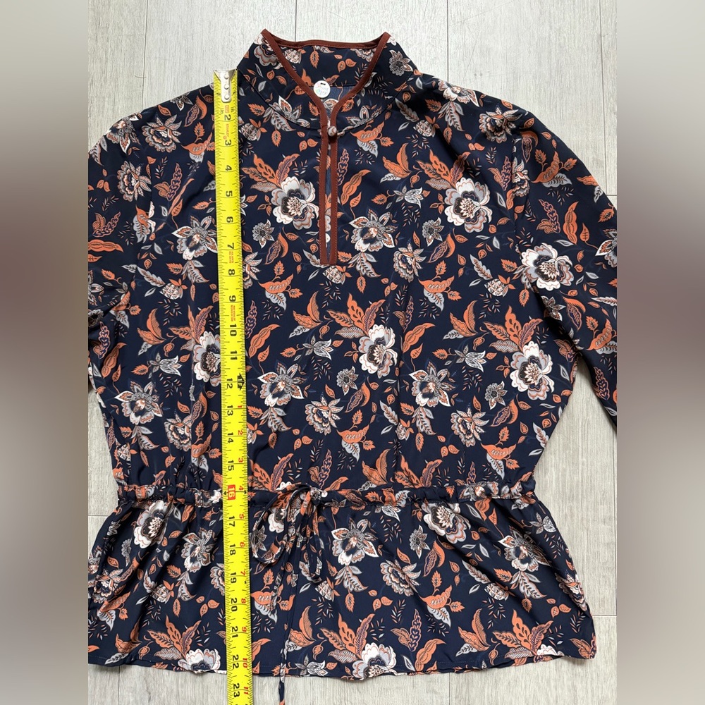 Margaret O’Leary Long Sleeve Boho Floral Top Blouse Navy Mandarin Collar Size S - Picture 6 of 11